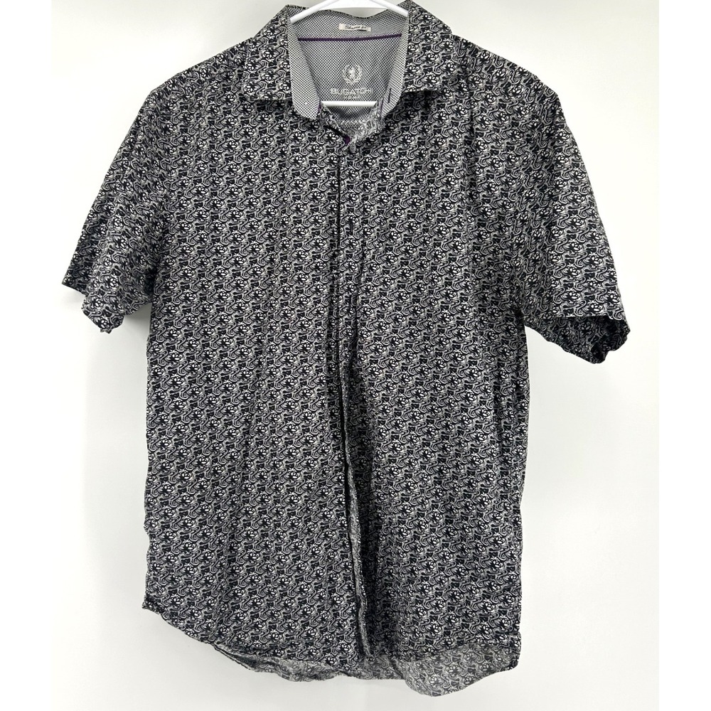 Bugatchi Uomo Mens Shaped Fit Short Sleeve Paisley Button Down Shirt Black White